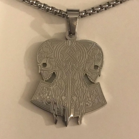 “Opposing Tribal Skulls” Native American Aztec Celtic Nordic Conjoined Necklace - Picture 8 of 13